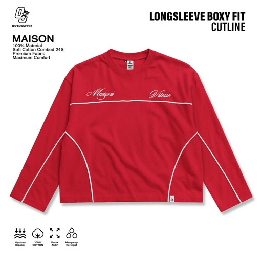 OOTDSUPPLY Longsleeve Boxy Cutline Maison Red Chili & Black l Kaos Panjang Boxy List Unisex | LS-BX-CL-007