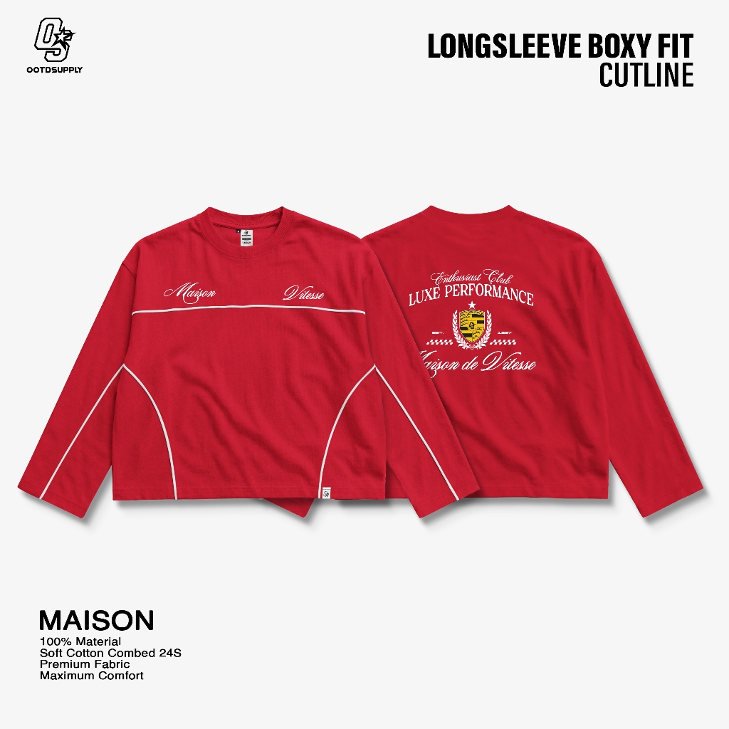 OOTDSUPPLY Longsleeve Boxy Cutline Maison Red Chili & Black l Kaos Panjang Boxy List Unisex | LS-BX-CL-007