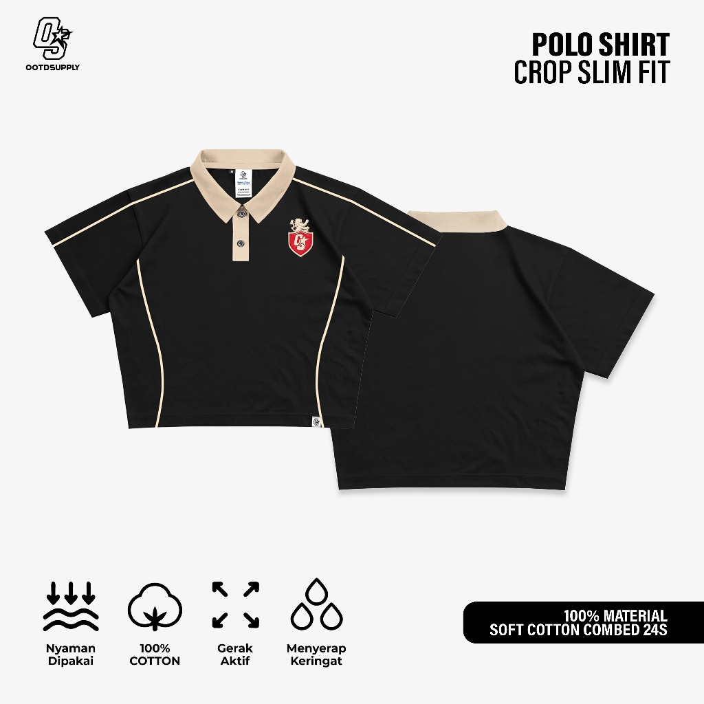 OOTDSUPPLY Polo Croptop SlimFit Curveline Insignia Embroidery Black Cream l Polo Crop Fit Royal Series  | Crop Fit Double List Premium | OS-CT-PS-CVL-BLC-ISE