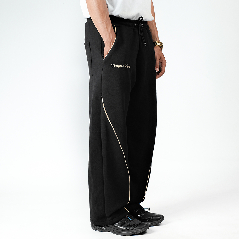 OOTDSUPPLY Baggy Pants Curveline Collegiate Black Cream l Celana Baggy Royal Series | Celana Panjang Double List Premium | OS-BP-CVL-BLC-003