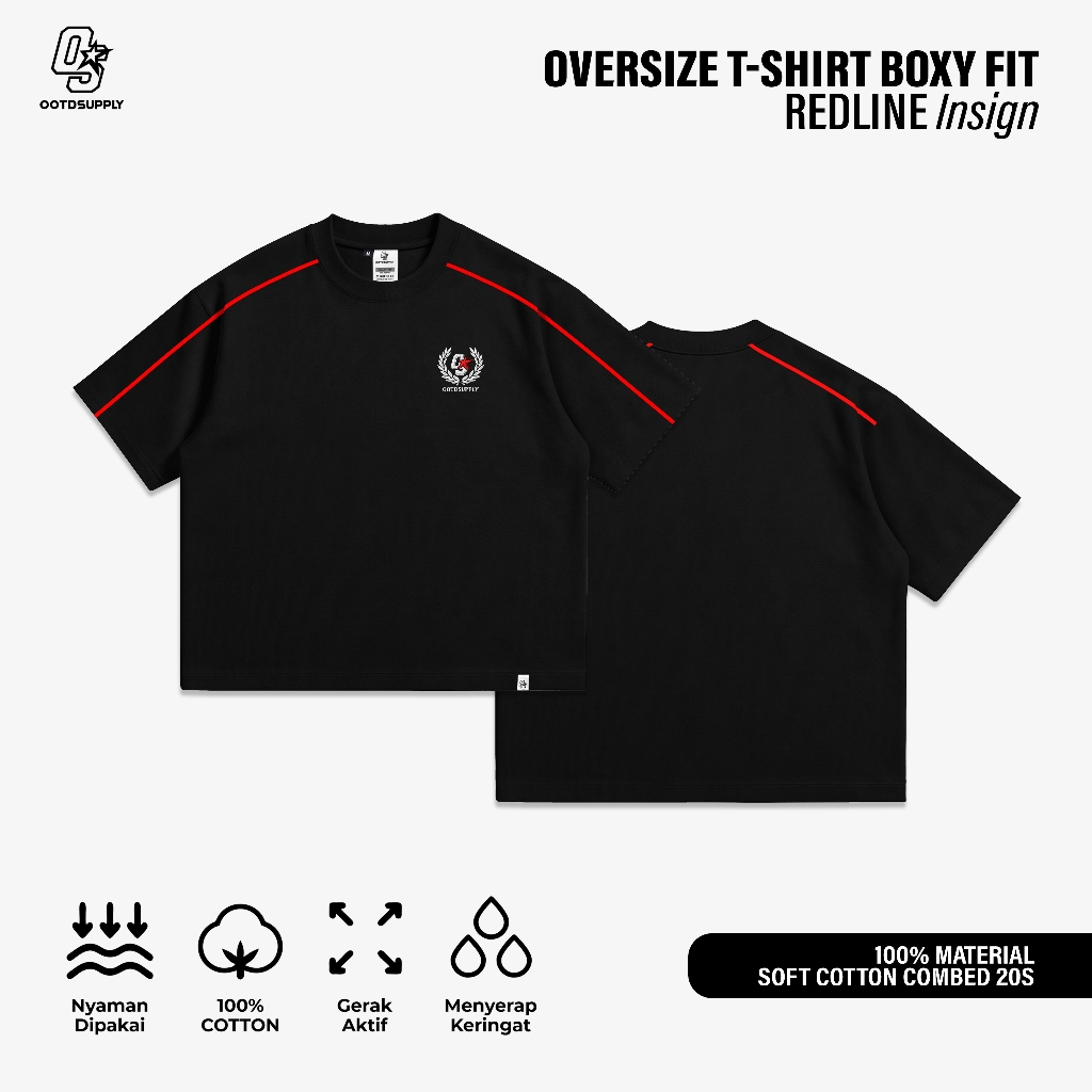OOTDSUPPLY Tshirt Boxyfit Redline Insign Embroiderry Black l Tshirt Boxyfit Unisex Line Series | OS-OVZBX-RL-BLK-005E