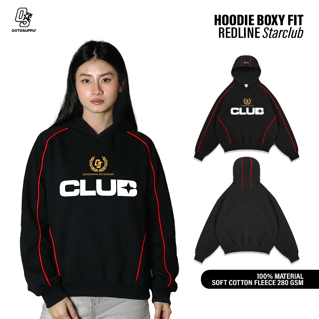 OOTDSUPPLY Hoodie BoxyFit Redline Starclub Black l Hoodie Boxy Line Series | OS-HDBX-RL-BLK-004