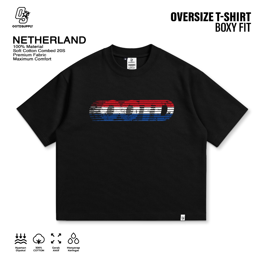 OOTDSUPPLY Boxy Fit Oversize Netherland Black | 20s Boxy World Cup Series | Tshirt Boxyfit l Kaos Boxy OS-OVZ-BX-070