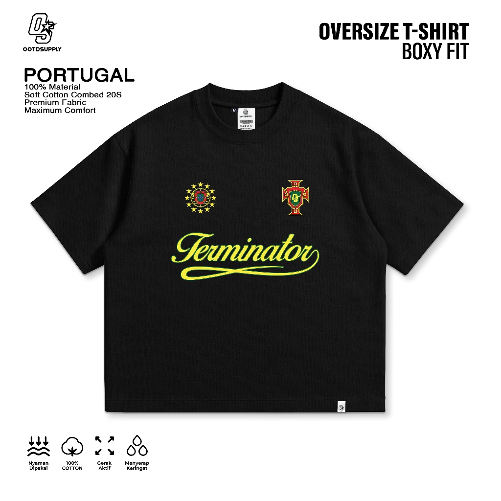 OOTDSUPPLY Boxy Fit Oversize Portugal Black | 20s Boxy World Cup Series | Tshirt Boxyfit l Kaos Boxy OS-OVZ-BX-072