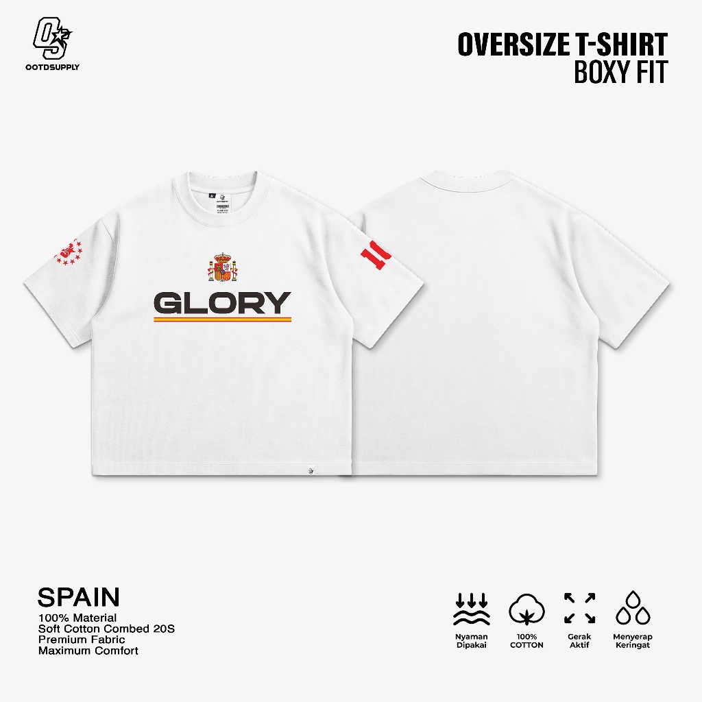 OOTDSUPPLY Boxy Fit Oversize Spain White | 20s Boxy World Cup Series | Tshirt Boxyfit l Kaos Boxy OS-OVZ-BX-073
