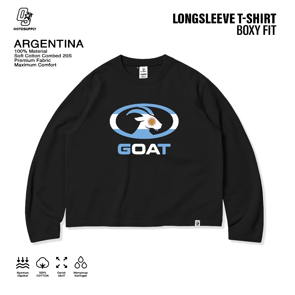 OOTDSUPPLY Longsleeve Boxy 20s Argentina Black l Oversize Boxy World Cups Series | T-Shirt Lengan Panjang l Kaos Panjang I Atasan Unisex | OS-LS-BX-014