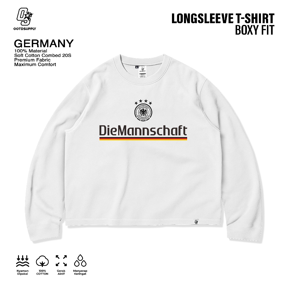 OOTDSUPPLY Longsleeve Boxy 20s Germany White l Oversize Boxy World Cups Series | T-Shirt Lengan Panjang l Kaos Panjang I Atasan Unisex | OS-LS-BX-019