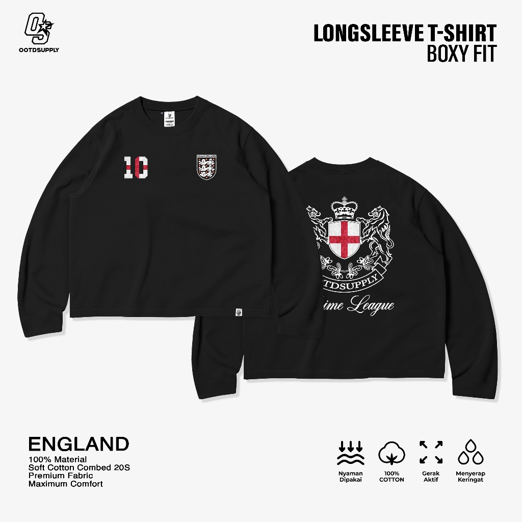 OOTDSUPPLY Longsleeve Boxy 20s England Black l Oversize Boxy World Cups Series | T-Shirt Lengan Panjang l Kaos Panjang I Atasan Unisex | OS-LS-BX-023