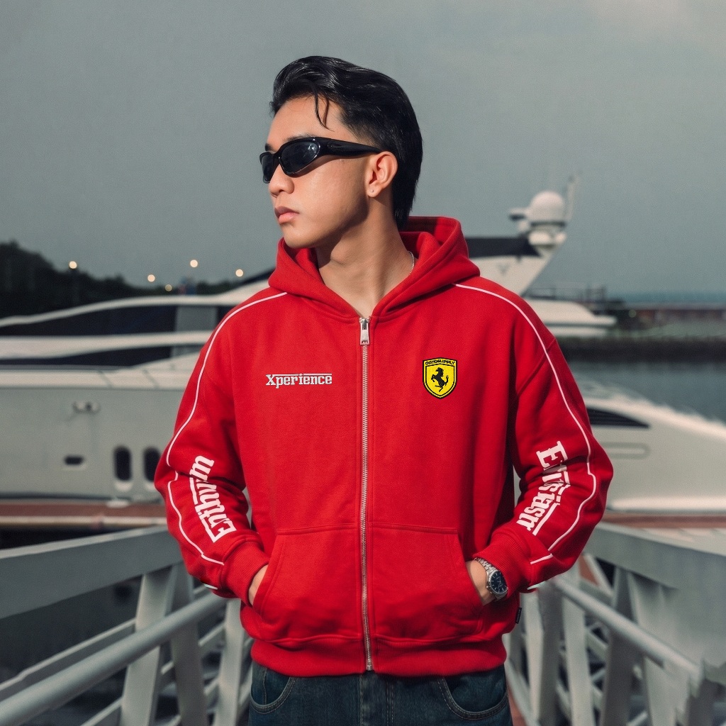 OOTDSUPPLY Hoodie Zipper BoxyFit Forza Embroiderry Red & Black l Hoodie Boxy Zipper List Series | OS-HDBX-ZP-LIST-RC-001E