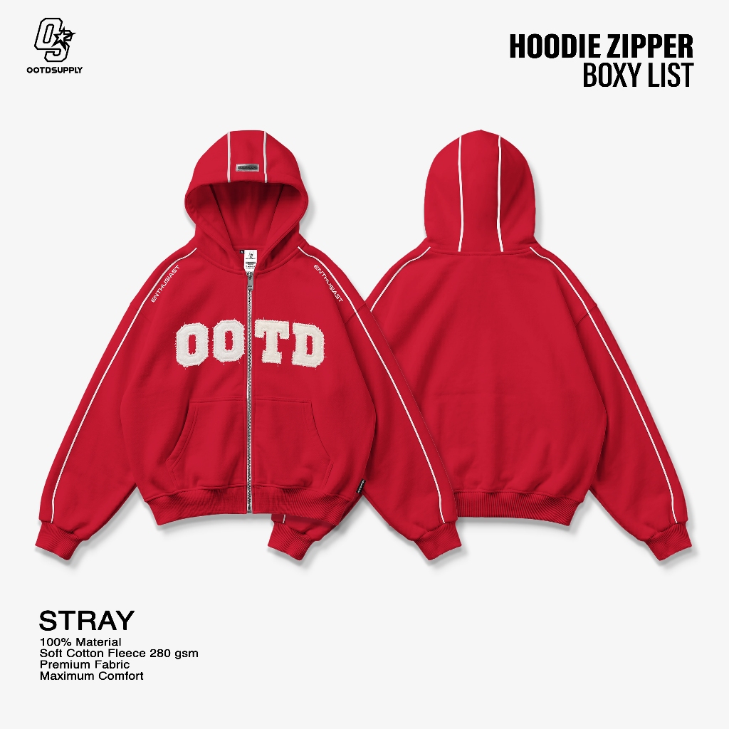OOTDSUPPLY Hoodie Zipper BoxyFit Stray Red l Hoodie Boxy Zipper List Series | OS-HDBX-ZP-LIST-RC-002
