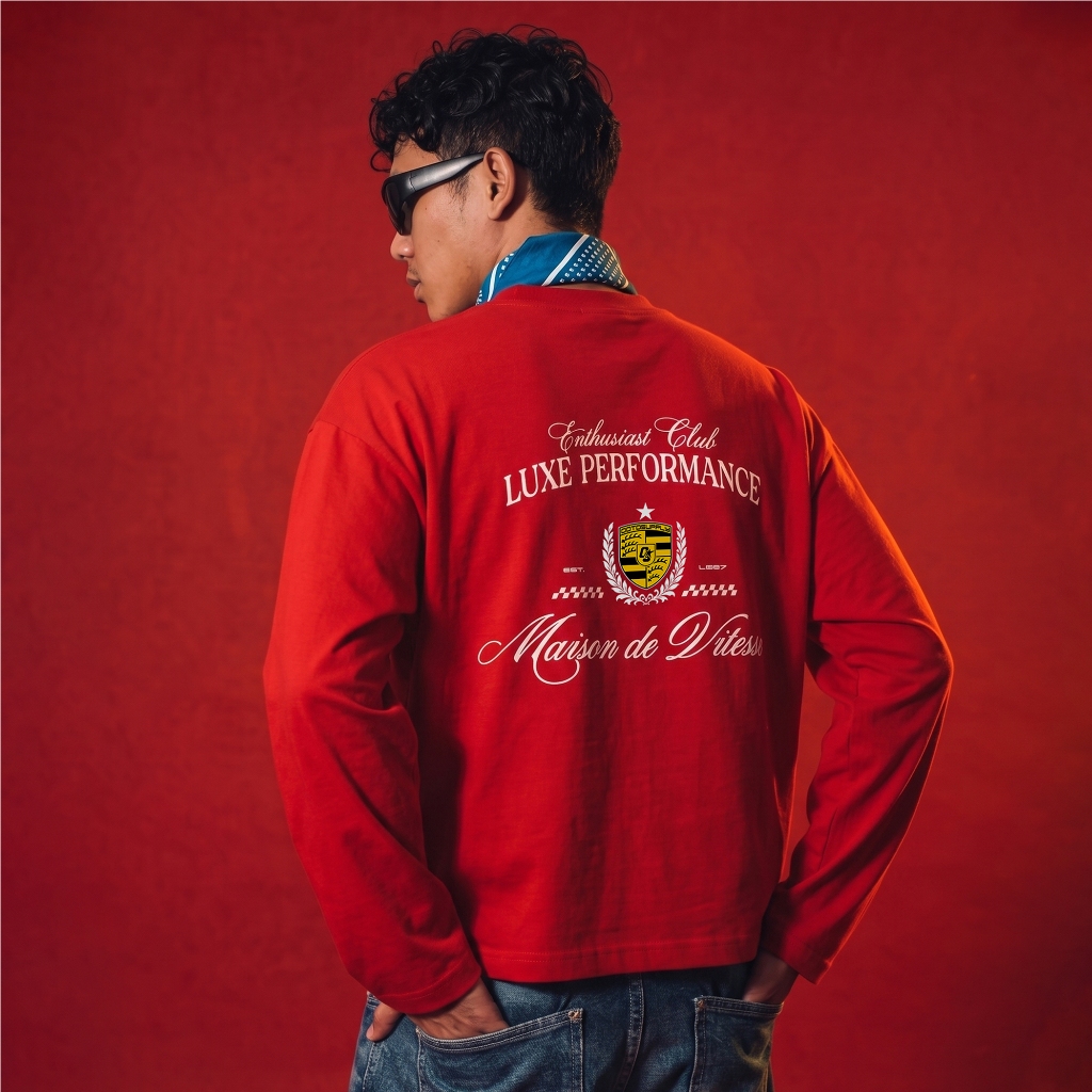 OOTDSUPPLY Longsleeve Boxy Cutline Maison Red Chili & Black l Kaos Panjang Boxy List Unisex | LS-BX-CL-007