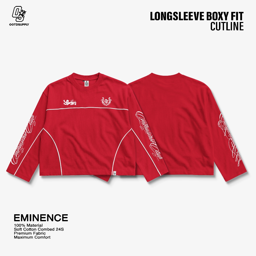 OOTDSUPPLY Longsleeve Boxy Cutline Eminence Red Chili | Kaos Panjang Boxy List Unisex | LS-BX-CL-006