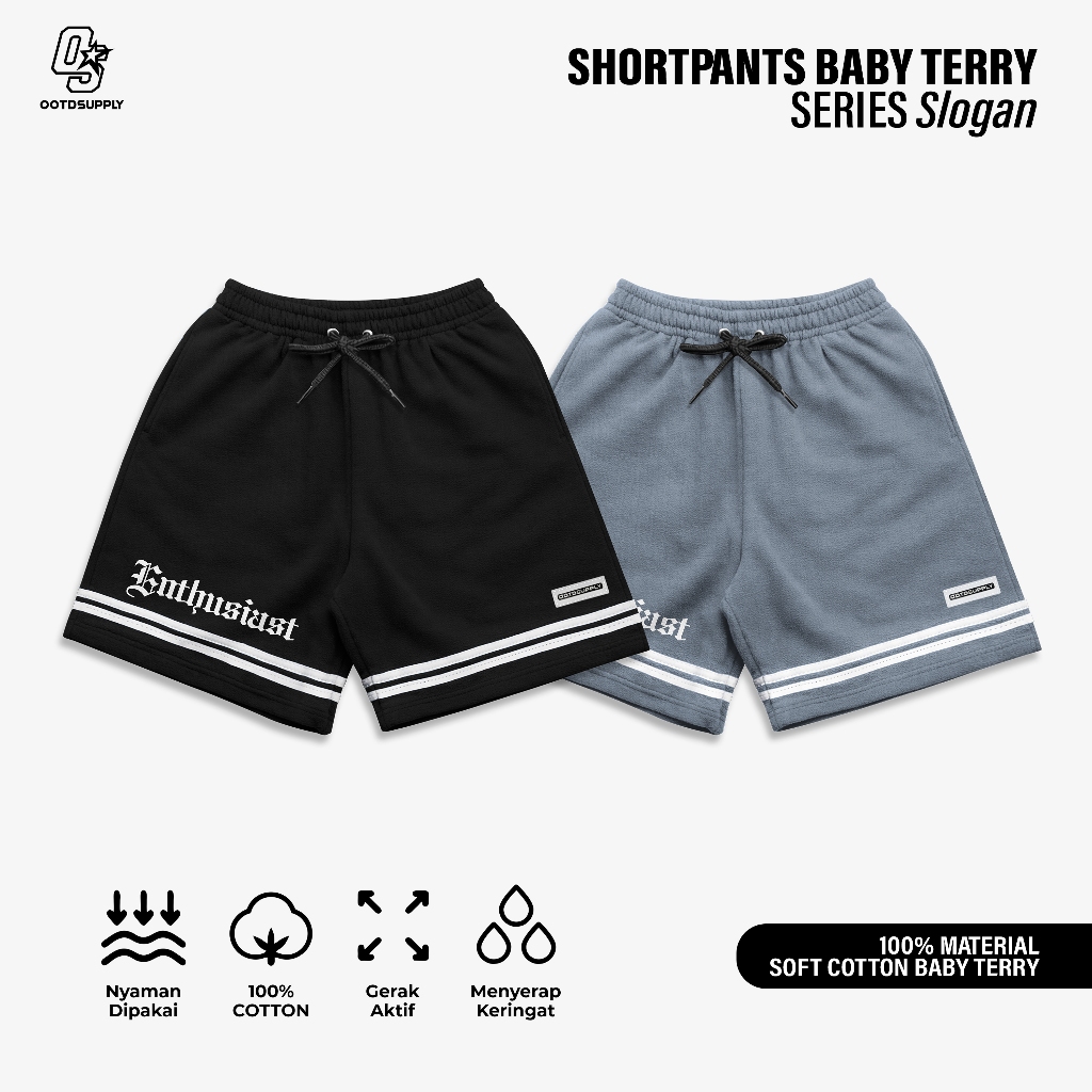 OOTDSUPPLY Celana Pendek Slogan Black & Light Grey l Celana Pendek | Celana Sport Baby Terry | OS-SP-BT-004