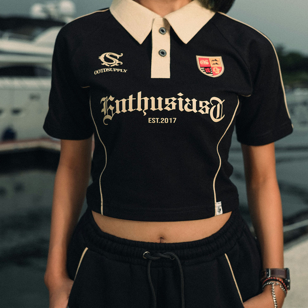 OOTDSUPPLY Polo Croptop SlimFit Curveline Monarch Black Cream l Polo Crop Fit Royal Series | Crop Fit Double List Premium | OS-CT-PS-CVL-BLC-002