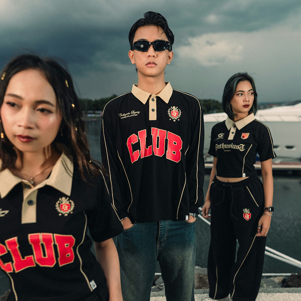 OOTDSUPPLY Polo Longsleeve BoxyFit Curveline Collegiate Black Cream l Polo Lengan Panjang Royal Series | Kaos Panjang Double List Premium | OS-LS-PS-CVL-BLC-003