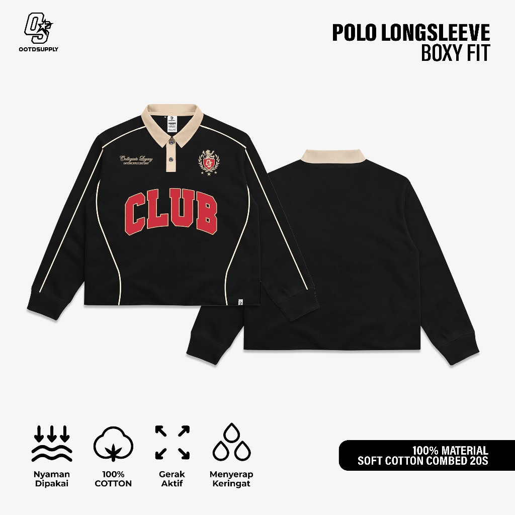 OOTDSUPPLY Polo Longsleeve BoxyFit Curveline Collegiate Black Cream l Polo Lengan Panjang Royal Series | Kaos Panjang Double List Premium | OS-LS-PS-CVL-BLC-003