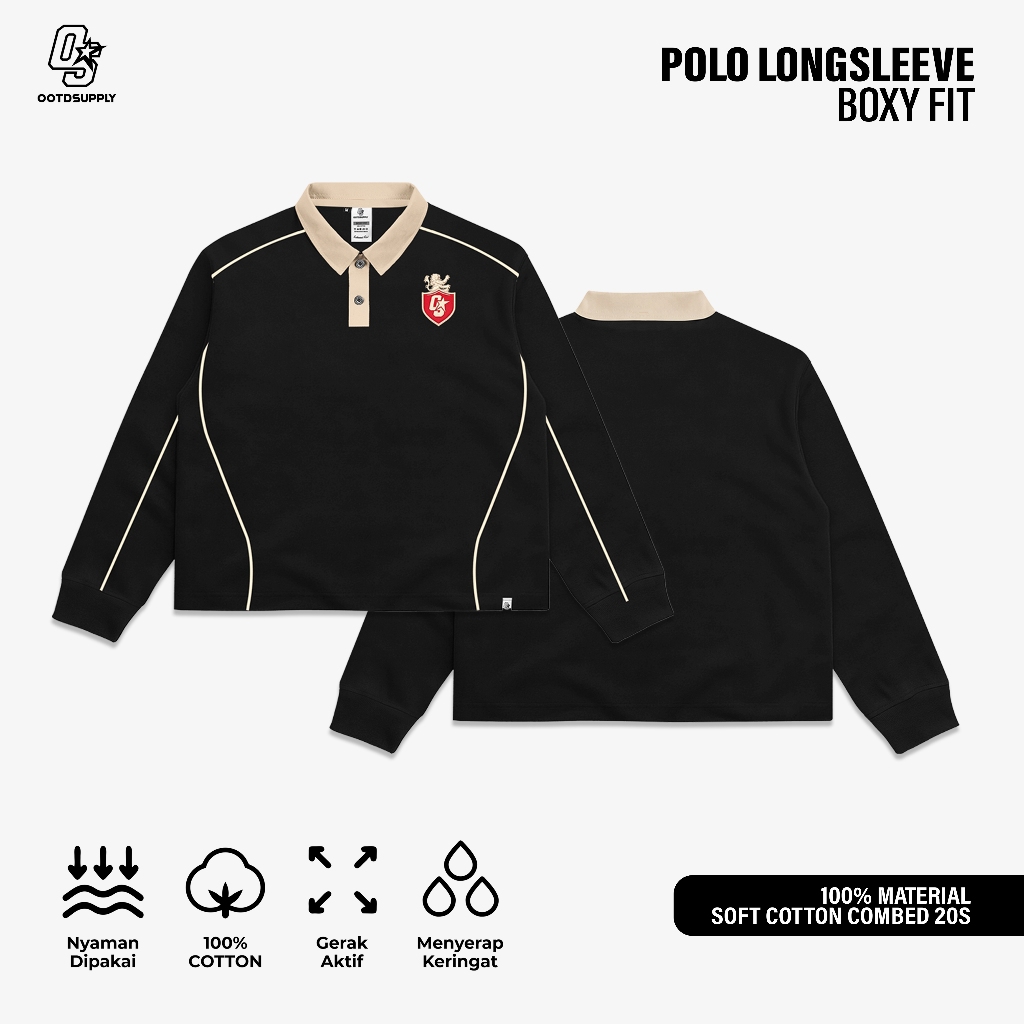 OOTDSUPPLY Polo Longsleeve BoxyFit Curveline Insignia Embroiderry Black Cream l Polo Lengan Panjang Royal Series | Kaos Panjang Double List Premium | OS-LS-PS-CVL-BLC-ISE