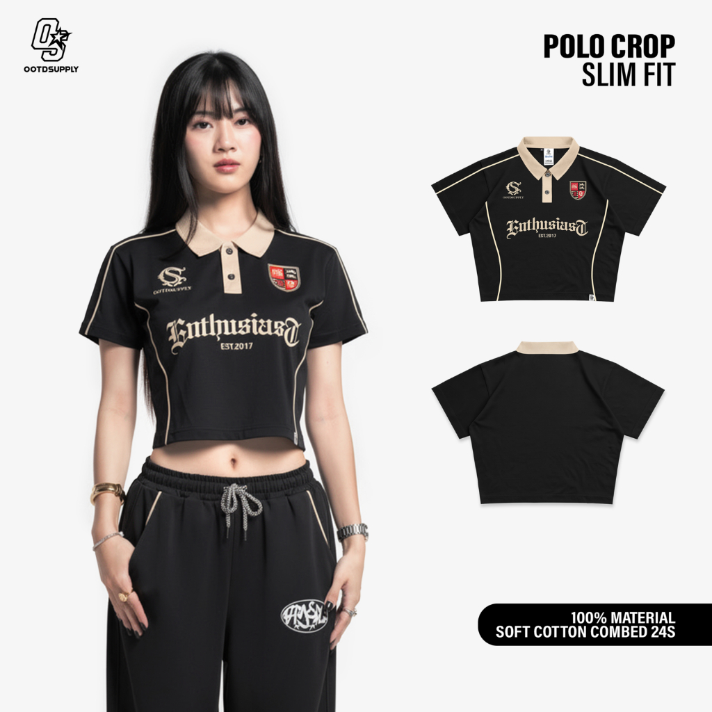 OOTDSUPPLY Polo Croptop SlimFit Curveline Monarch Black Cream l Polo Crop Fit Royal Series | Crop Fit Double List Premium | OS-CT-PS-CVL-BLC-002