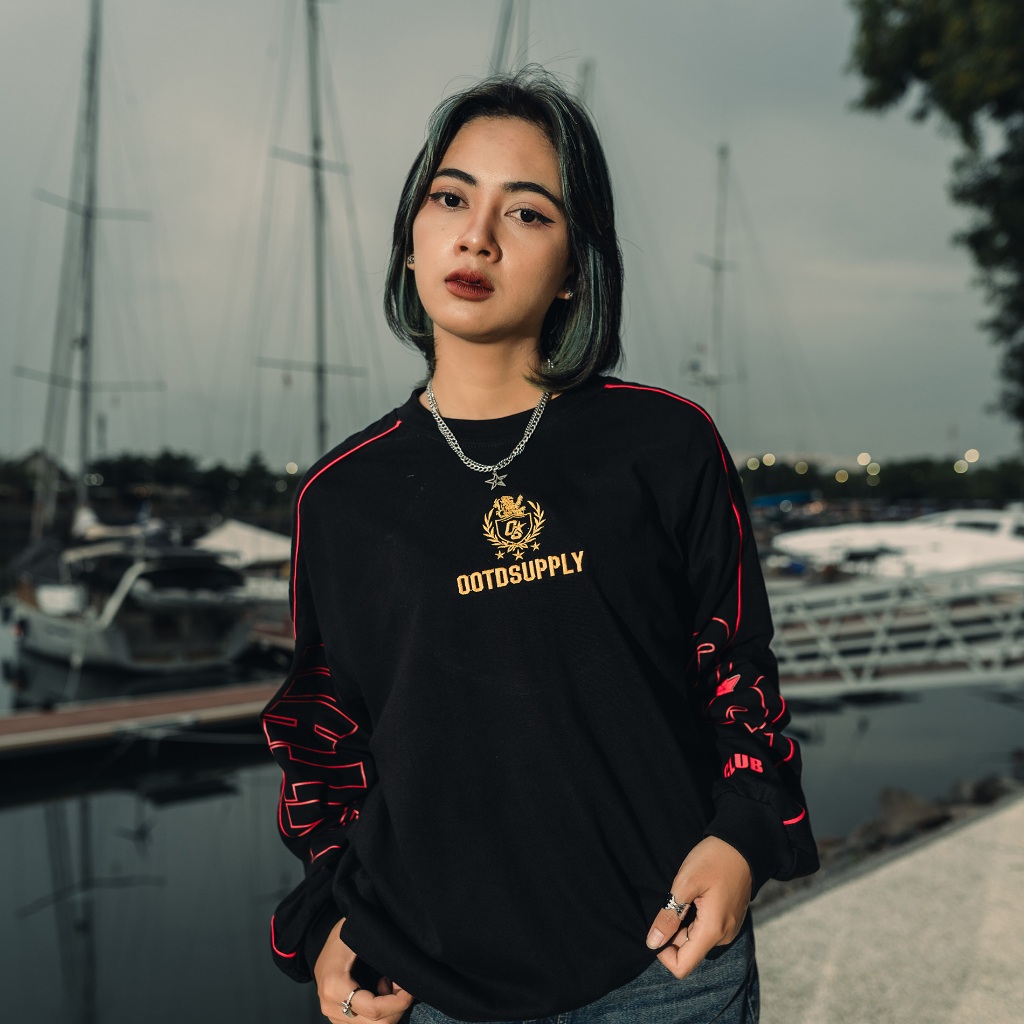 OOTDSUPPLY Longsleeve BoxyFit Redline Goldie Embroiderry Black l Polo Lengan Panjang Line Series | OS-LSBX-RL-BLK-006E
