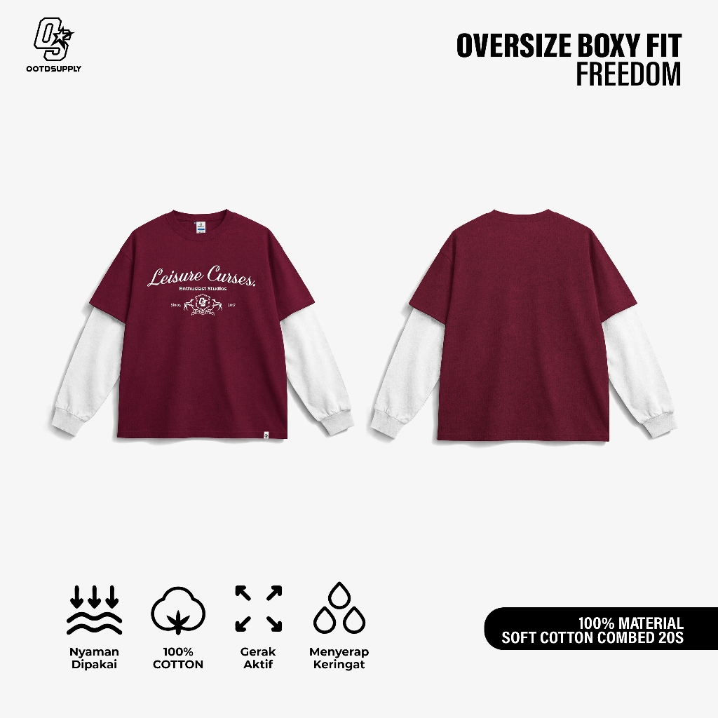OOTDSUPPLY Longsleeve Doublesleeve Curse Maroon White | Longsleeve Reguler Fit | Kaos Lengan Panjang Layer | OS-LS-DS-RIB-MW-007