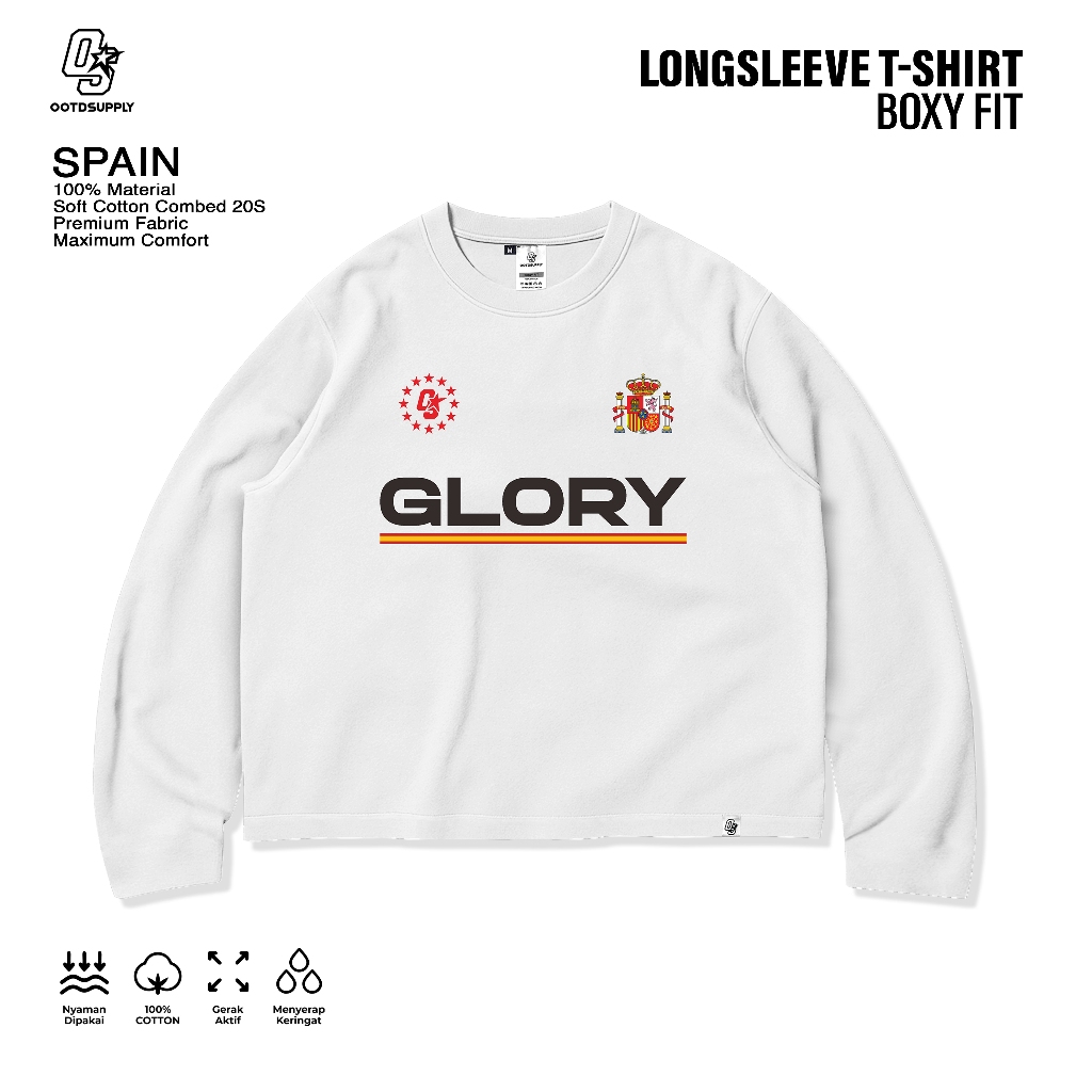 OOTDSUPPLY Longsleeve Boxy 20s Spain White l Oversize Boxy World Cups Series | T-Shirt Lengan Panjang l Kaos Panjang I Atasan Unisex | OS-LS-BX-021