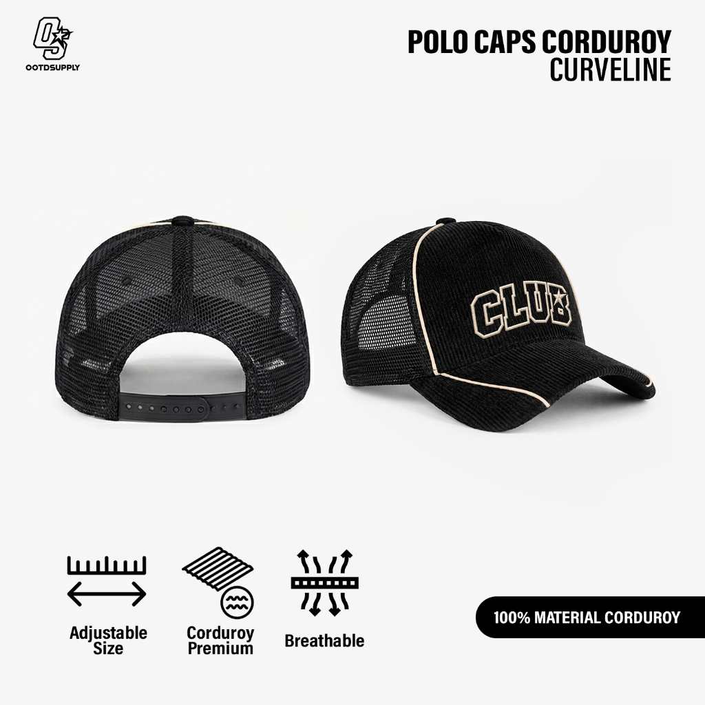 OOTDSUPPLY Polo Caps Corduroy Clubbers Bordir Black | Topi Hat Twill Bordir Pria & Wanita | OS-CAP-CDR-047-BC