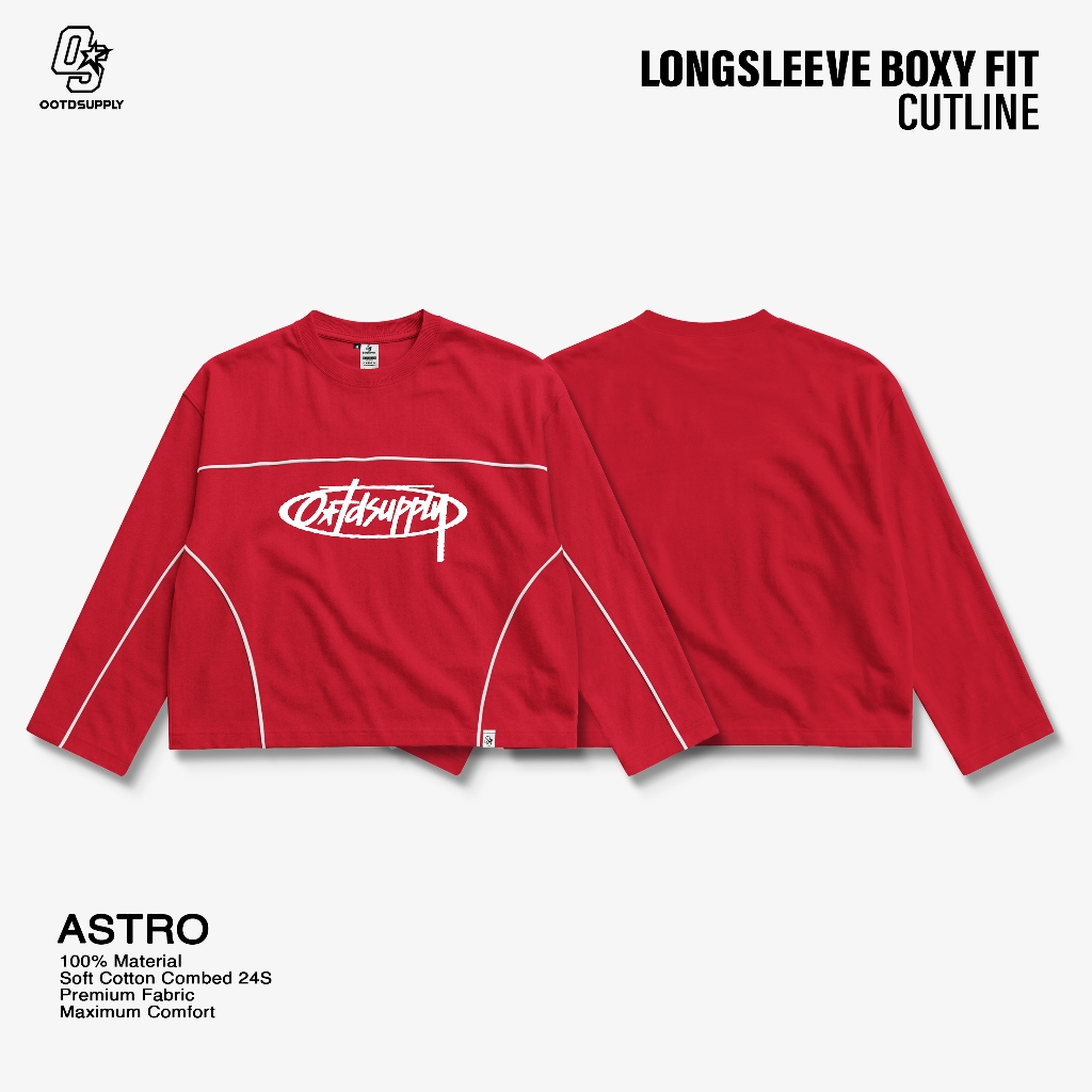 OOTDSUPPLY Longsleeve Boxy Cutline Astro Red Chili l Kaos Panjang Boxy List Unisex | LS-BX-CL-005