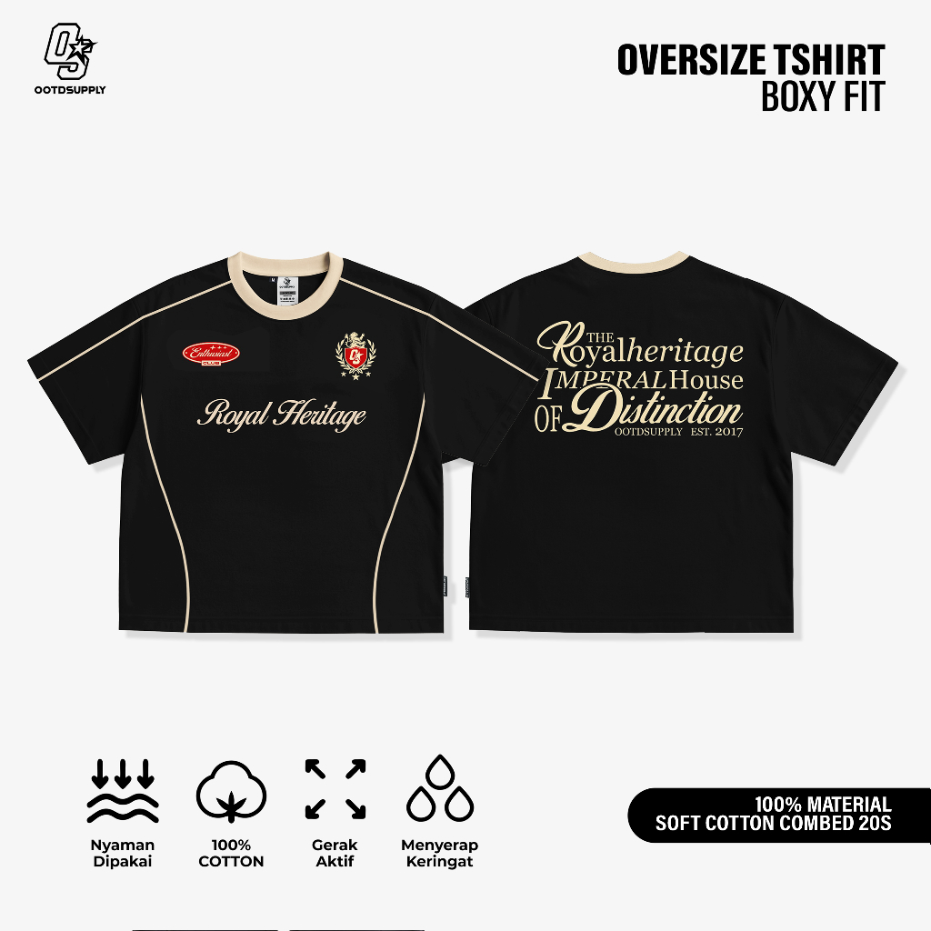 OOTDSUPPLY Tshirt Boxyfit Curveline Royal Heritage Black Cream l Tshirt Oversize Boxyfit Unisex Royal Series | Kaos Double List Premium Pria dan Wanita | OS-OVZ-CVL-BLC-001