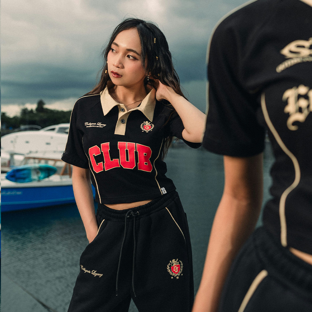 OOTDSUPPLY Polo Croptop SlimFit Curveline Collegiate Black Cream l Polo Crop Fit Royal Series | Crop Fit Double List Premium | OS-CT-PS-CVL-BLC-003