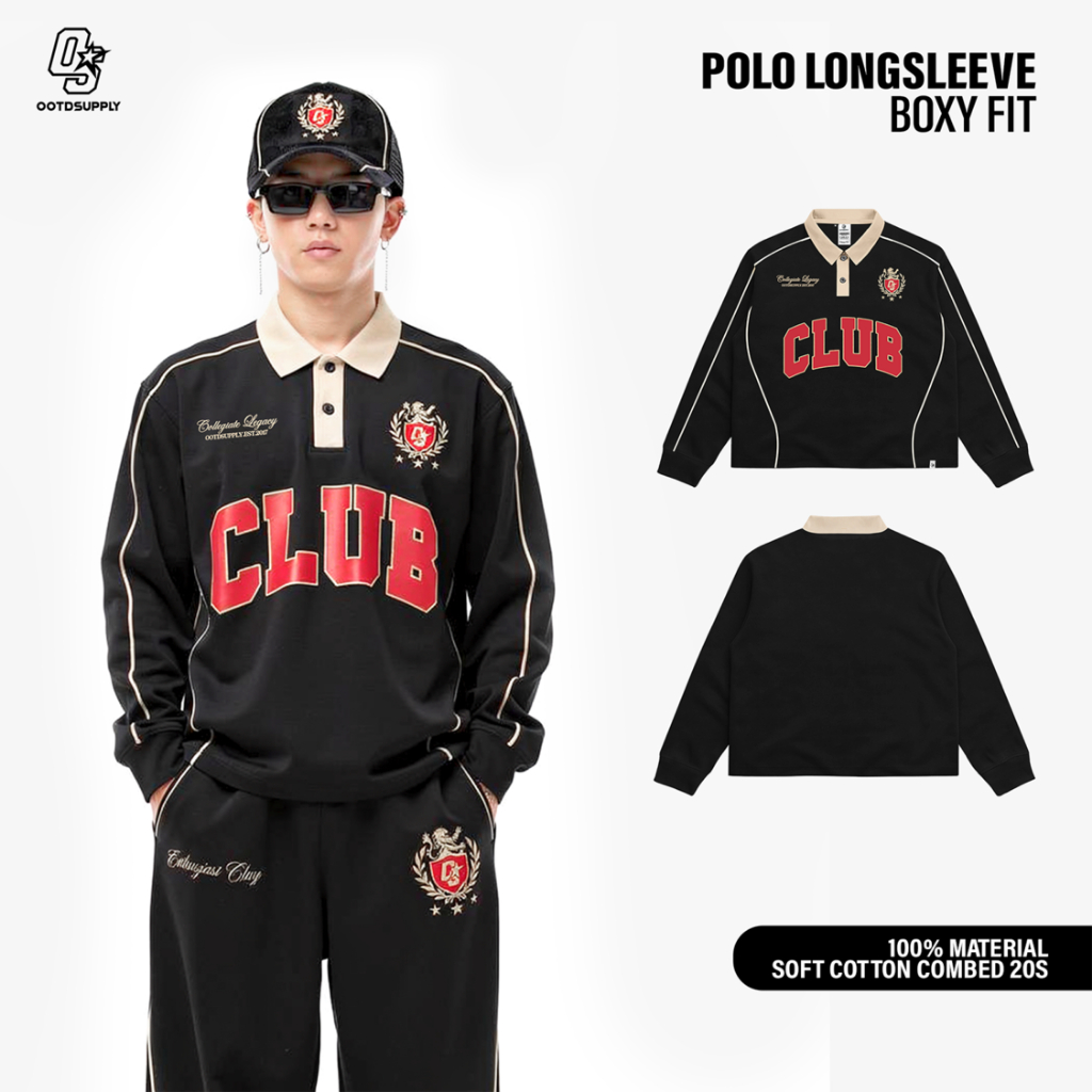 OOTDSUPPLY Polo Longsleeve BoxyFit Curveline Collegiate Black Cream l Polo Lengan Panjang Royal Series | Kaos Panjang Double List Premium | OS-LS-PS-CVL-BLC-003