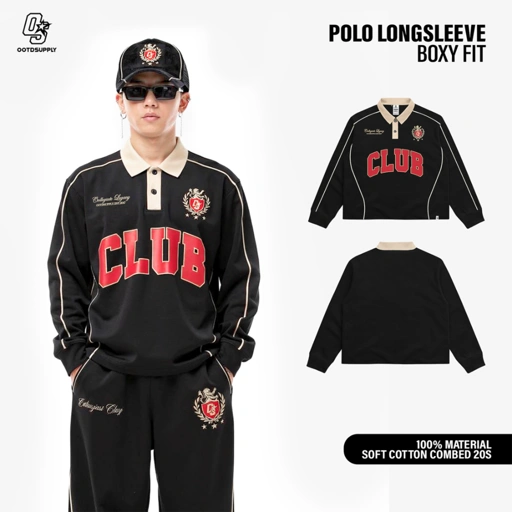 Image of OOTDSUPPLY Polo Longsleeve BoxyFit Curveline Collegiate Black Cream l Polo Lengan Panjang Royal Series | Kaos Panjang Double List Premium | OS-LS-PS-CVL-BLC-003
