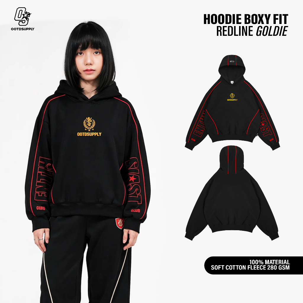OOTDSUPPLY Hoodie BoxyFit Redline Goldie Embroiderry Black l Hoodie Boxy Line Series | OS-HDBX-RL-BLK-006E