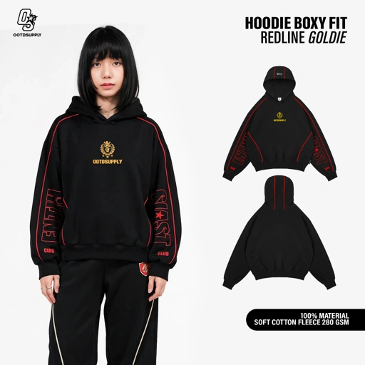 Image of OOTDSUPPLY Hoodie BoxyFit Redline Goldie Embroiderry Black l Hoodie Boxy Line Series | OS-HDBX-RL-BLK-006E
