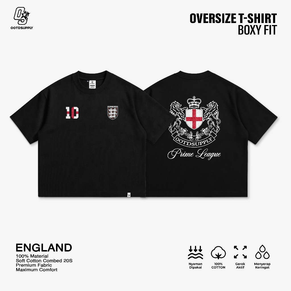 OOTDSUPPLY Boxy Fit Oversize England Black & Maroon | Cotton Boxy World Cup Series | Tshirt Boxyfit l Kaos Boxy OS-OVZ-BX-075