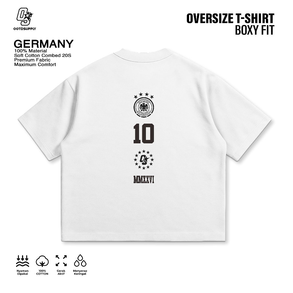 OOTDSUPPLY Boxy Fit Oversize Germany White  | 20s Boxy World Cup Series | Tshirt Boxyfit l Kaos Boxy OS-OVZ-BX-071