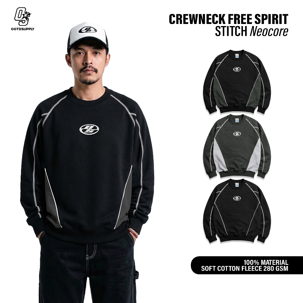OOTDSUPPLY Crewneck Stitch Neocore Embroiderry | Sweater Pria & Wanita | Cotton Fleece Unisex | OS-CN-STITCH-NE
