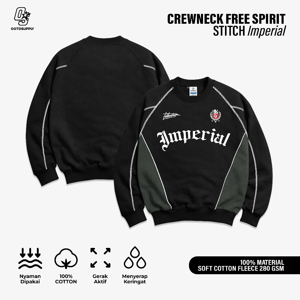 OOTDSUPPLY Crewneck Stitch Imperial Black Grey | Sweater Pria & Wanita | Cotton Fleece Unisex | OS-CN-STITCH-006