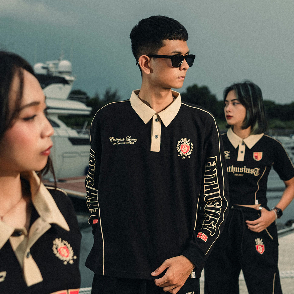 OOTDSUPPLY Polo Longsleeve BoxyFit Curveline Athletic Black Cream l Polo Lengan Panjang Royal Series | Kaos Panjang Double List Premium | OS-LS-PS-CVL-BLC-004