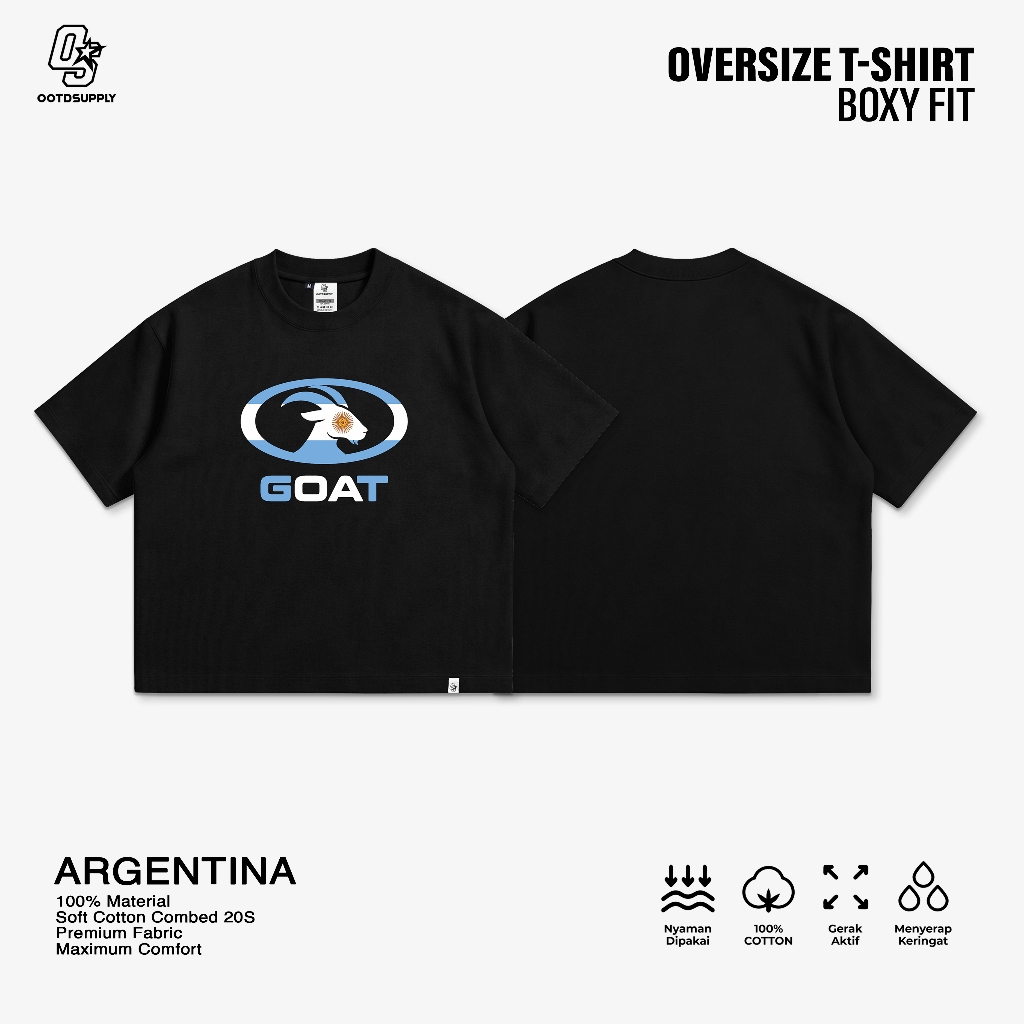 OOTDSUPPLY Boxy Fit Oversize Argentina Black | 20s Boxy World Cup Series | Tshirt Boxyfit l Kaos Boxy OS-OVZ-BX-066