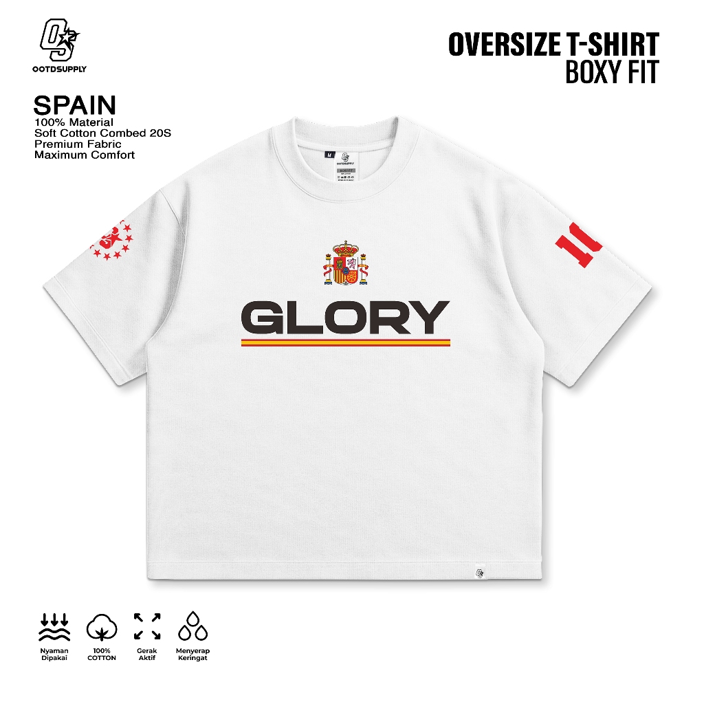 OOTDSUPPLY Boxy Fit Oversize Spain White | 20s Boxy World Cup Series | Tshirt Boxyfit l Kaos Boxy OS-OVZ-BX-073