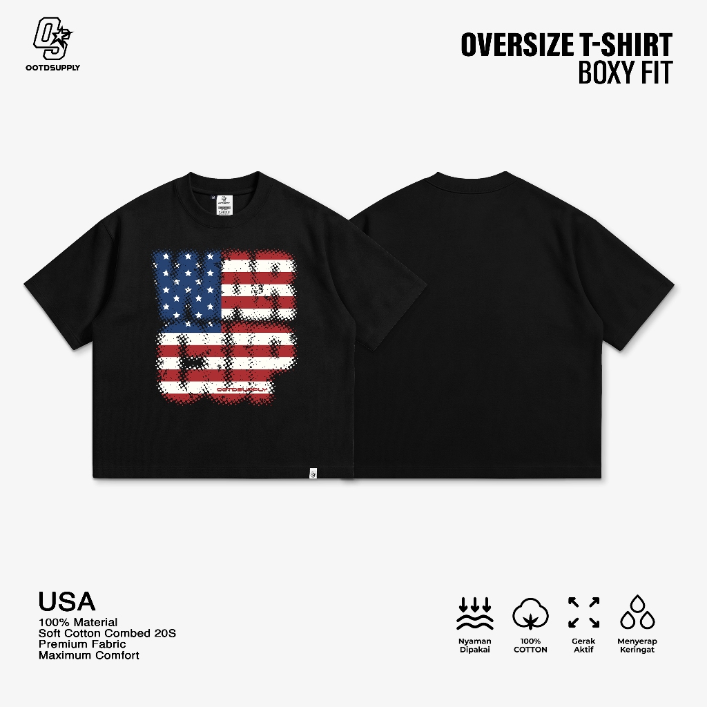 OOTDSUPPLY Boxy Fit Oversize USA Black | 20s Boxy World Cup Series | Tshirt Boxyfit l Kaos Boxy OS-OVZ-BX-074