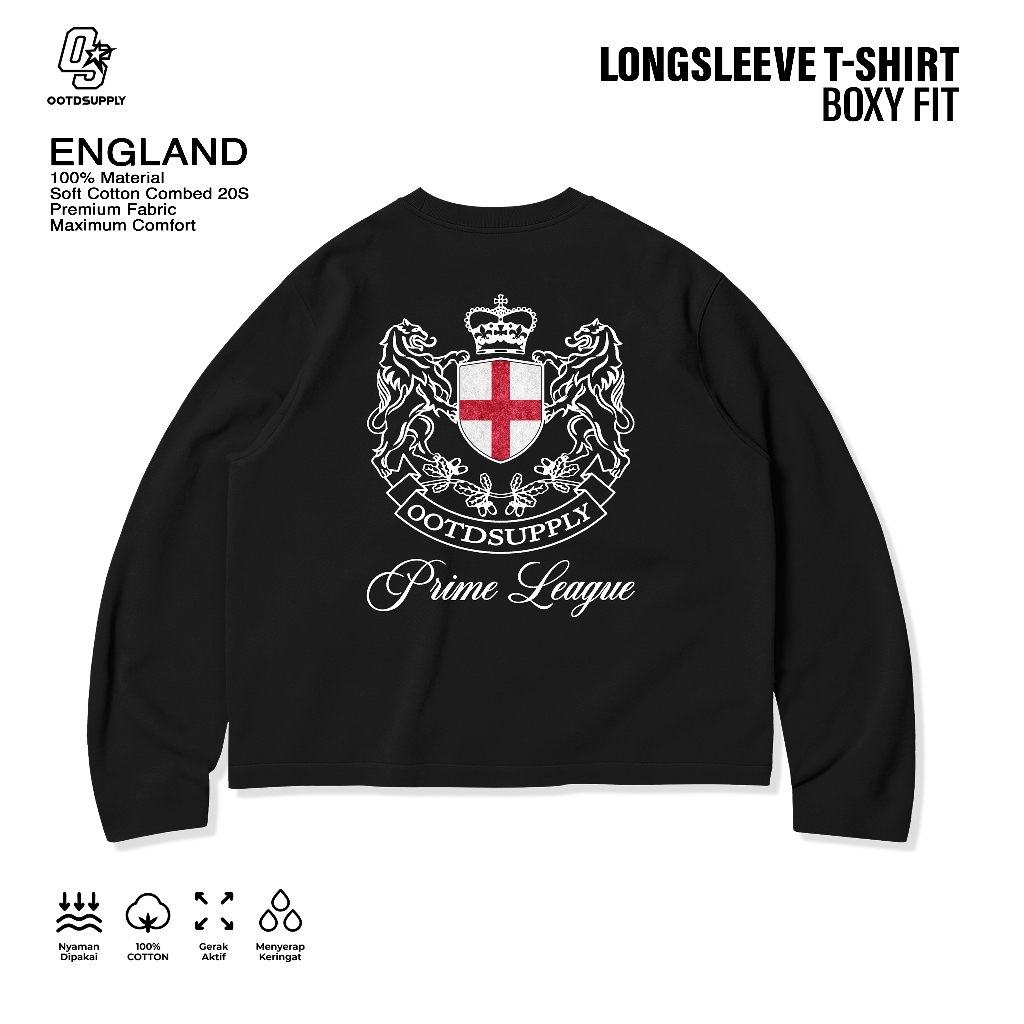 OOTDSUPPLY Longsleeve Boxy 20s England Black l Oversize Boxy World Cups Series | T-Shirt Lengan Panjang l Kaos Panjang I Atasan Unisex | OS-LS-BX-023