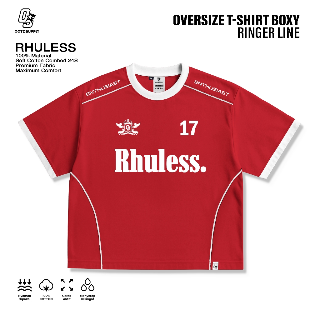 OOTDSUPPLY Oversize Boxy Ringer Line Rhuless Red Chili l Kaos Boxy Unisex Ringer Series | OS-OVZ-BX-RL-RC-002