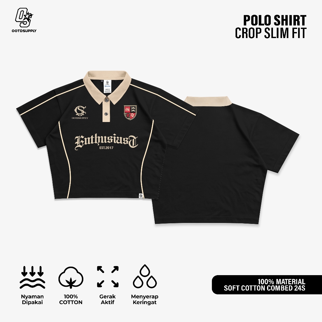 OOTDSUPPLY Polo Croptop SlimFit Curveline Monarch Black Cream l Polo Crop Fit Royal Series | Crop Fit Double List Premium | OS-CT-PS-CVL-BLC-002