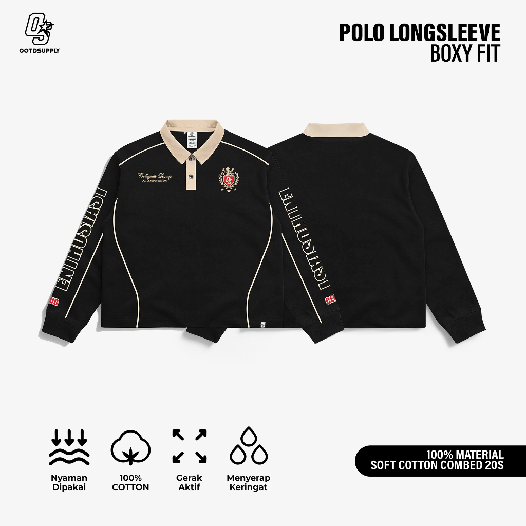 OOTDSUPPLY Polo Longsleeve BoxyFit Curveline Athletic Black Cream l Polo Lengan Panjang Royal Series | Kaos Panjang Double List Premium | OS-LS-PS-CVL-BLC-004