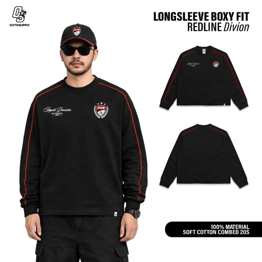 Image of OOTDSUPPLY Longsleeve BoxyFit Redline Divion Black l Atasan Boxy Lengan Panjang Line Series | OS-LSBX-RL-BLK-003