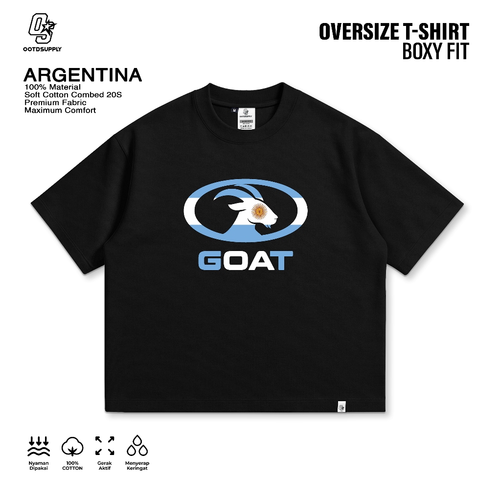 OOTDSUPPLY Boxy Fit Oversize Argentina Black | 20s Boxy World Cup Series | Tshirt Boxyfit l Kaos Boxy OS-OVZ-BX-066