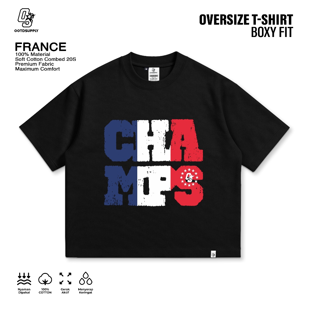 OOTDSUPPLY Boxy Fit Oversize France Black | 20s Boxy World Cup Series | Tshirt Boxyfit l Kaos Boxy OS-OVZ-BX-069