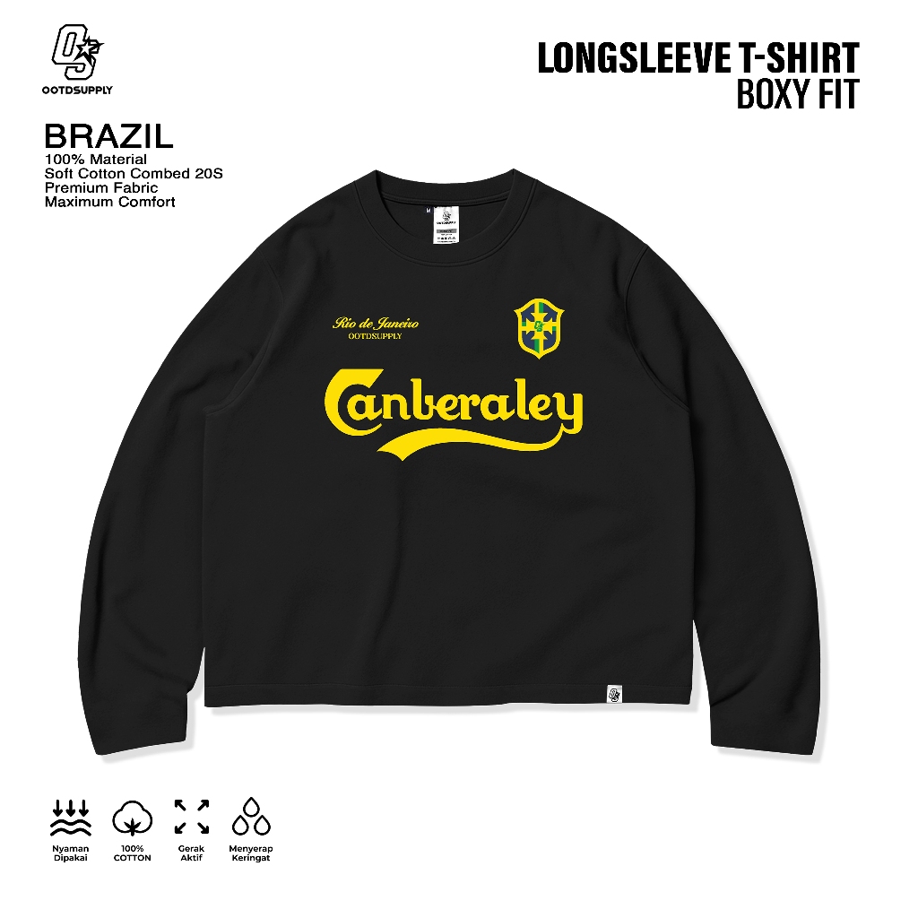 OOTDSUPPLY Longsleeve Boxy 20s Brazil Black l Oversize Boxy World Cups Series | T-Shirt Lengan Panjang l Kaos Panjang I Atasan Unisex | OS-LS-BX-015