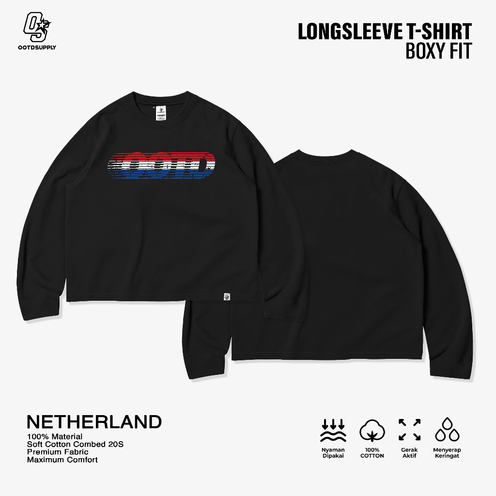OOTDSUPPLY Longsleeve Boxy 20s Netherland Black l Oversize Boxy World Cups Series | T-Shirt Lengan Panjang l Kaos Panjang I Atasan Unisex | OS-LS-BX-018